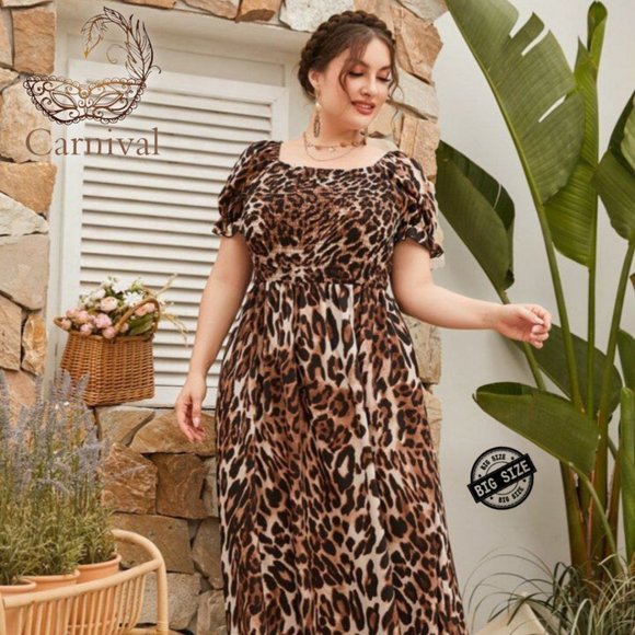 Elegant Women’s Leopard Print Midi Dress & Short Sleeves for Daily Comfortable F - Picture 1 of 6